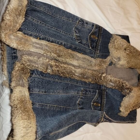 Denim Vest with Genuine Rabbit Fur Trim Beautiful and Soft Women's Size M - Picture 4 of 10